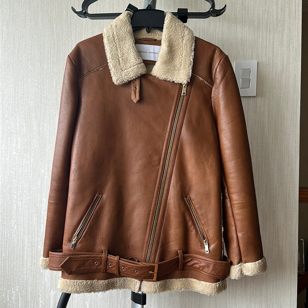 BNWT Rebecca Minkoff Sienna Oversized Faux Fur Collar Leather Moto Jacket, Sz. L